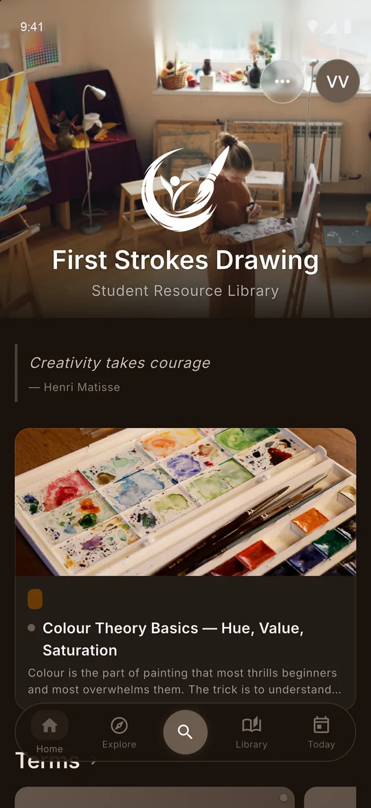 C3NTR Home screen for a creative school