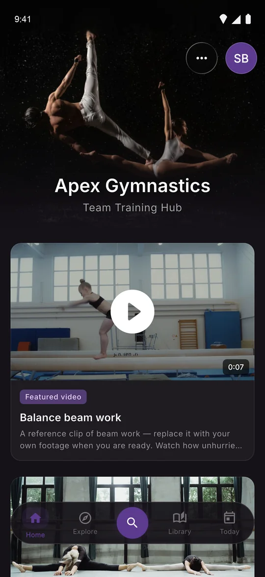 C3NTR Home screen for a gymnastics school