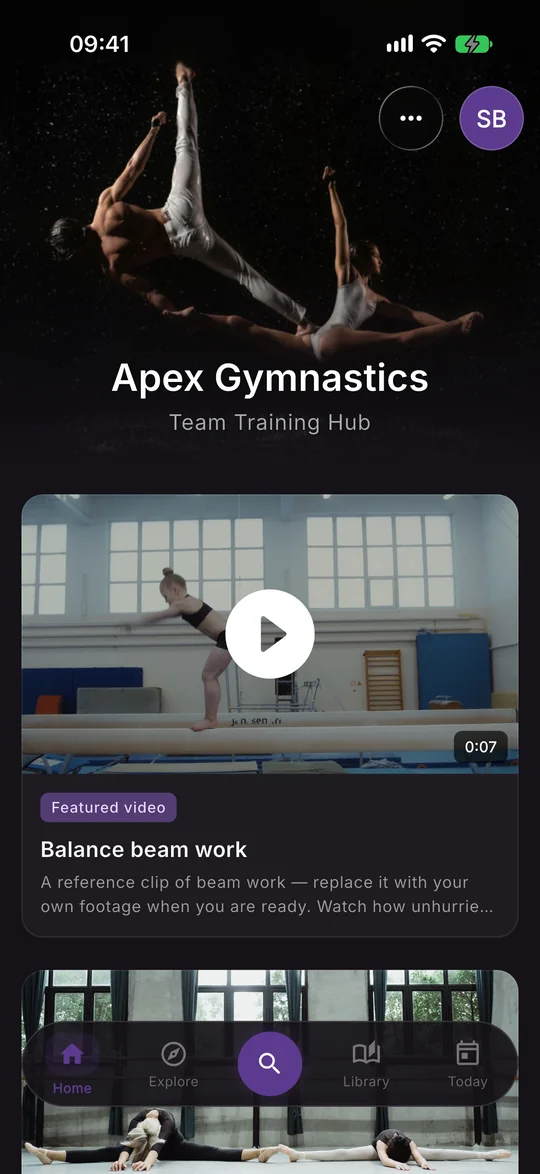 C3NTR Home screen for a gymnastics school