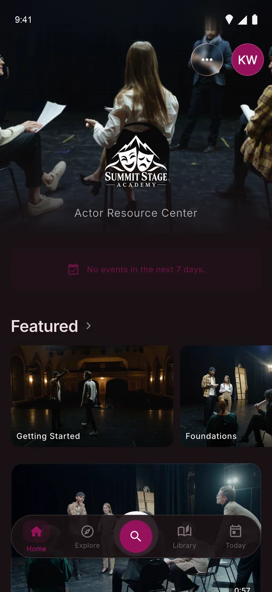 C3NTR Home screen for a performing arts school