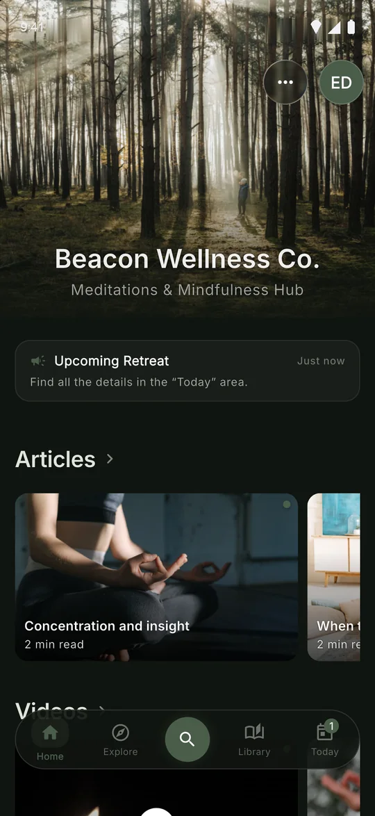 C3NTR Home screen for a wellness school